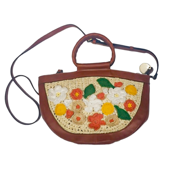 ❌SOLD❌Patricia Nash Ossi Satchel Raffia Crochet Floral Leather Crochet Crossbody - Picture 14 of 16